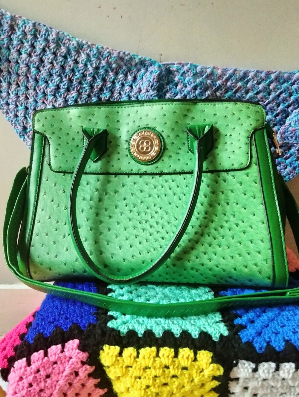 Green Faux-Ostrich Satchel Handbag - Unbranded